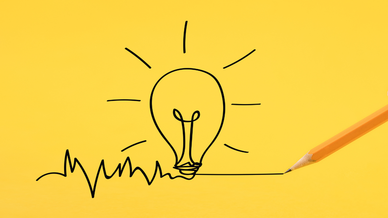 pencil sketch of a lightbulb on yellow